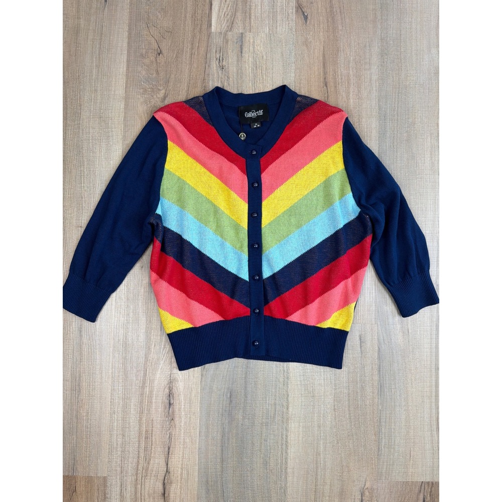 Collectif London Serenity Rainbow Cardigan Navy Blue Multi Stripe XL US 12 NWT